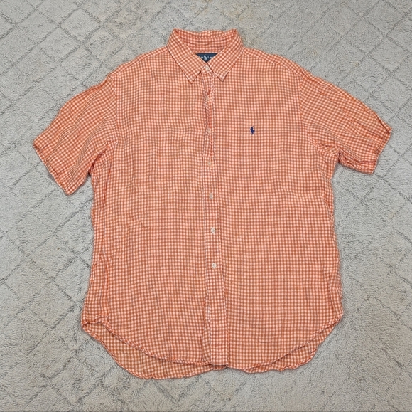 Polo Ralph Lauren Other - Ralph Lauren Shirt Mens XL Orange White Check Linen Button Up Short Sleeve